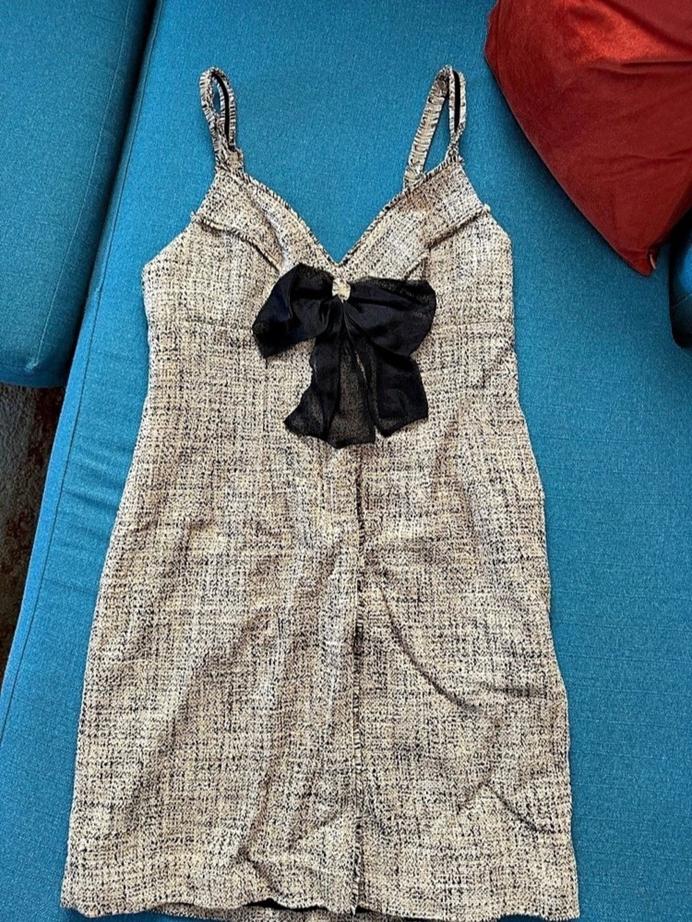 Sandro Tweed Mini Dress with Bow Beige & Black Size 40
